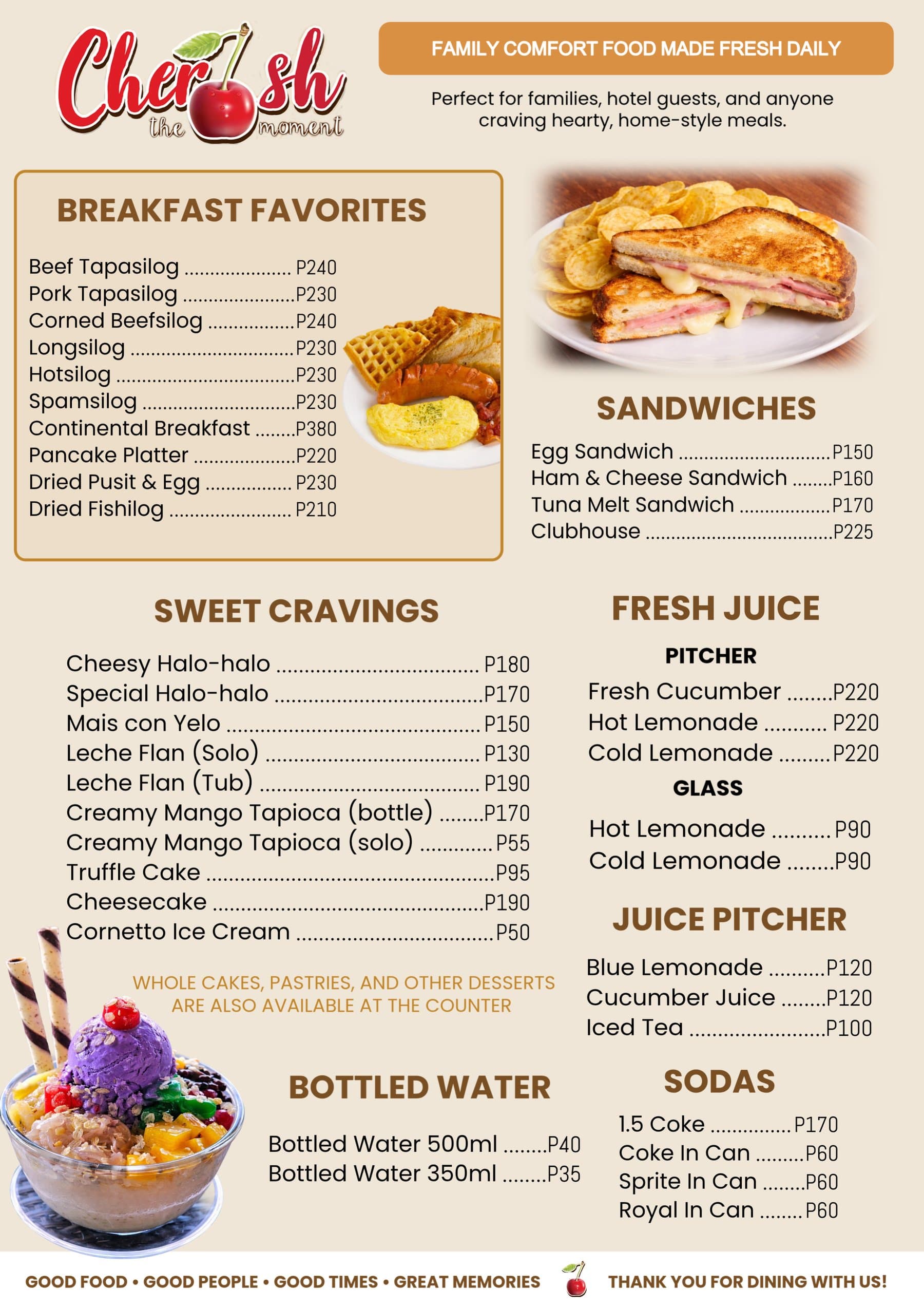 Cherish Restaurant breakfast menu — breakfast favorites, sandwiches, sweet cravings, fresh juice, bottled water and sodas