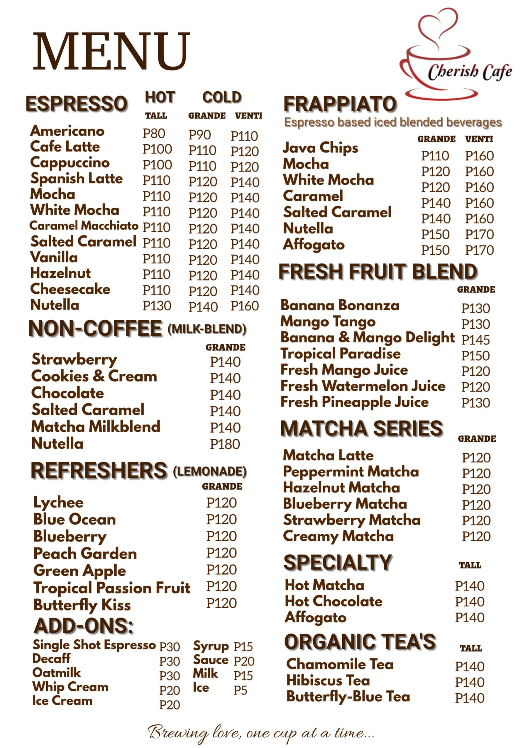 Cherish Café drinks menu — espresso, non-coffee milk blends, refreshers, frappiato, fresh fruit blends, matcha series and organic teas