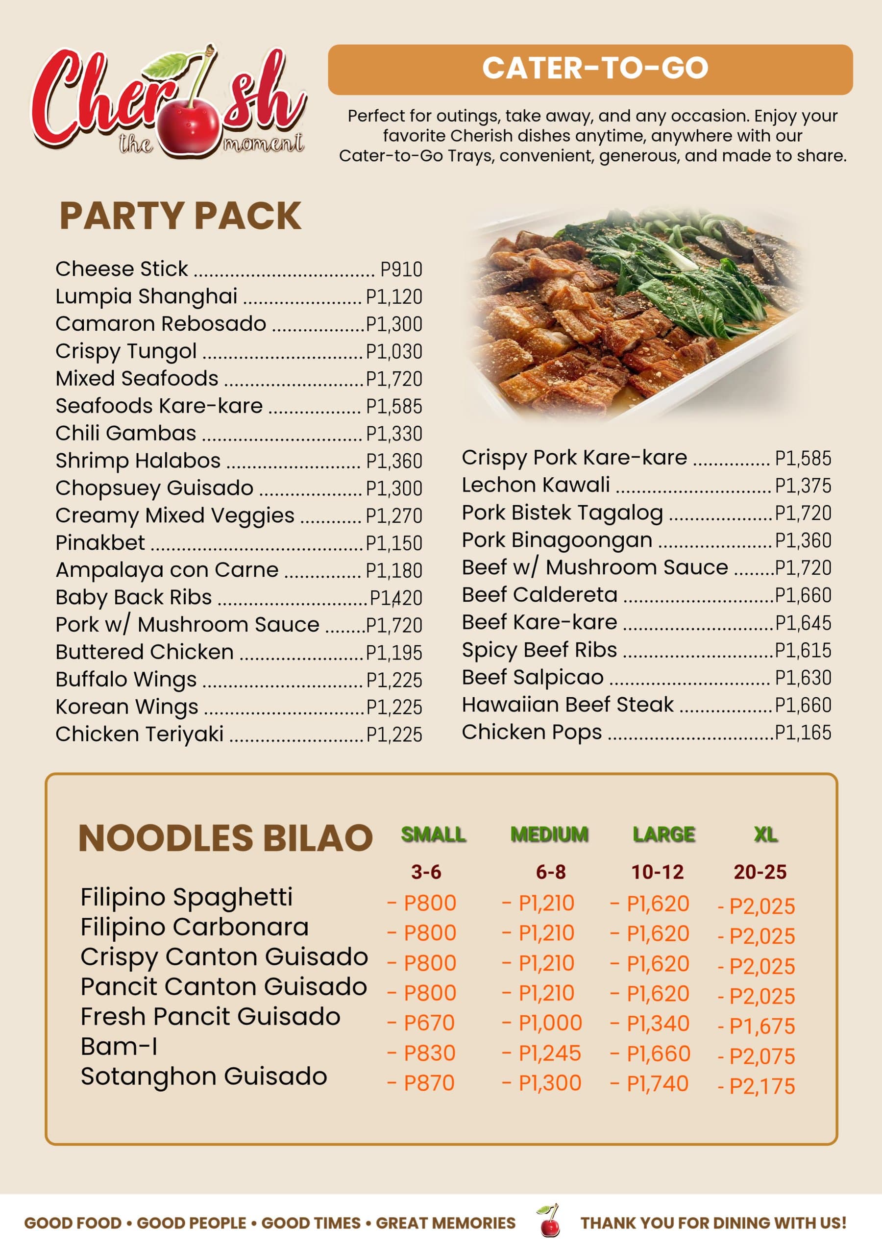 Cherish Restaurant Cater-to-Go menu — party pack trays and noodles bilao in small, medium, large and extra-large