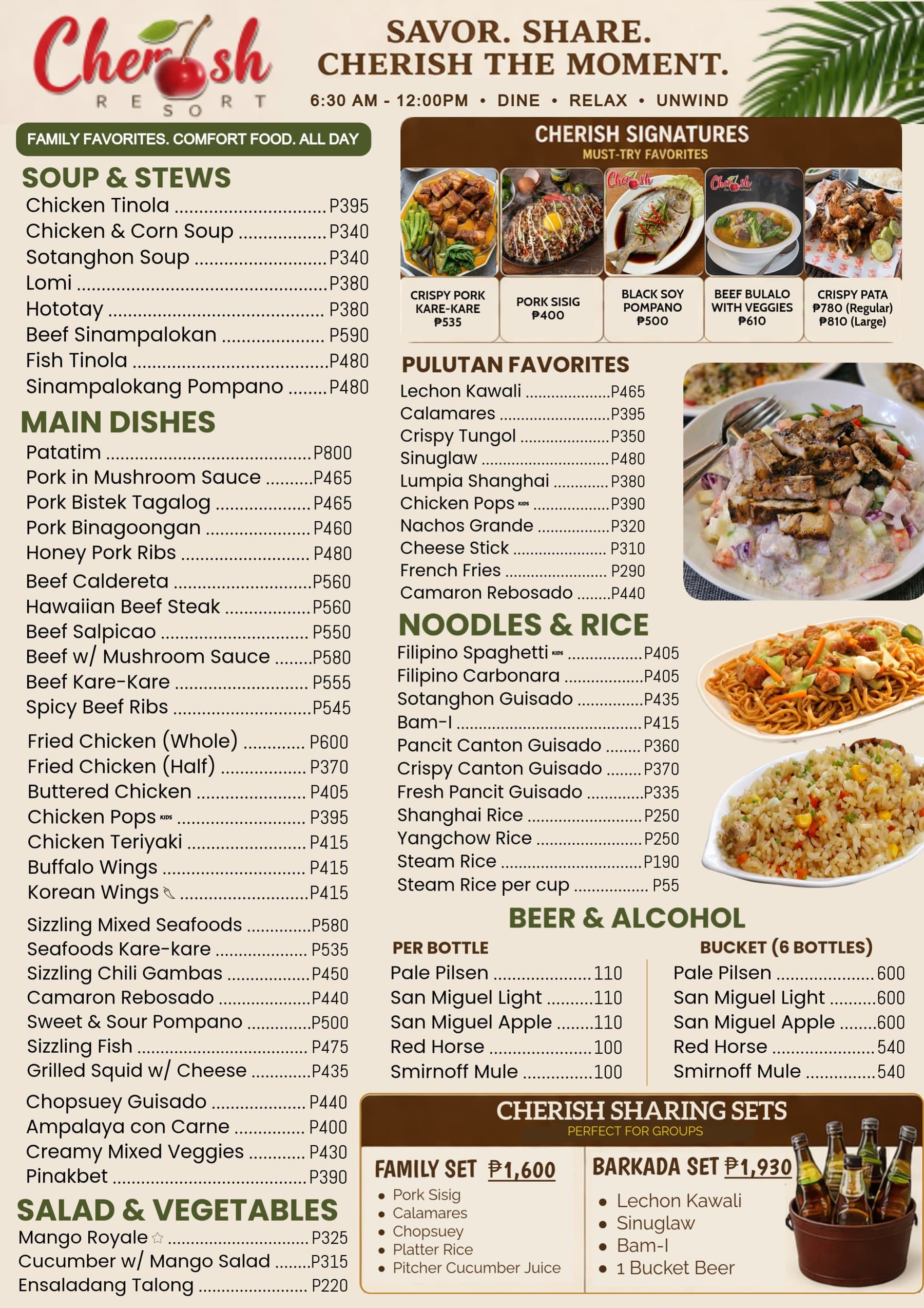 Cherish Restaurant food menu — soups and stews, main dishes, Cherish signatures, pulutan, noodles and rice, beer and alcohol, and sharing sets