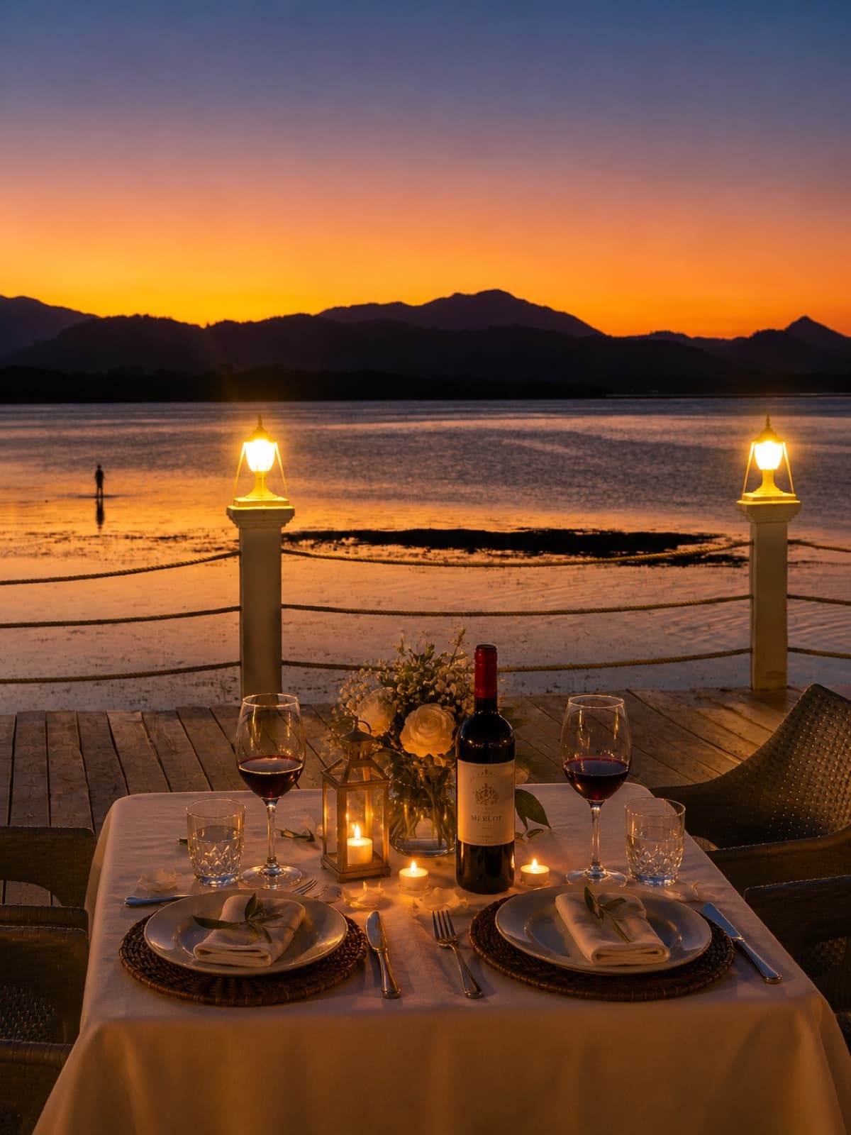 A candlelit dinner for two on the marina deck as the sun sets over Masbate Pass