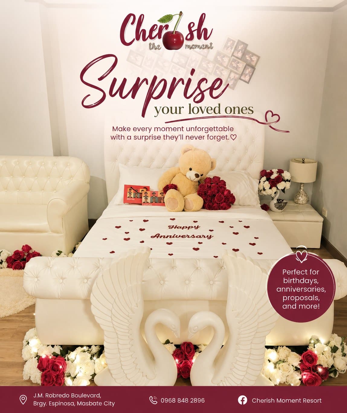 A room set up for an anniversary surprise at Cherish Resort
