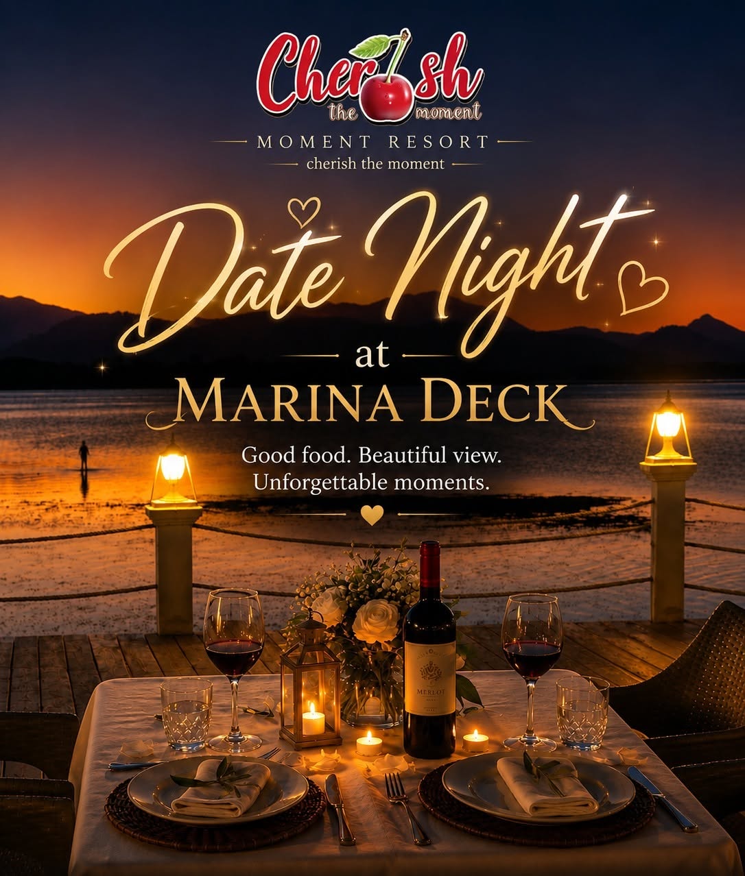 Sunset date night at the Marina Deck at Cherish Moment Resort